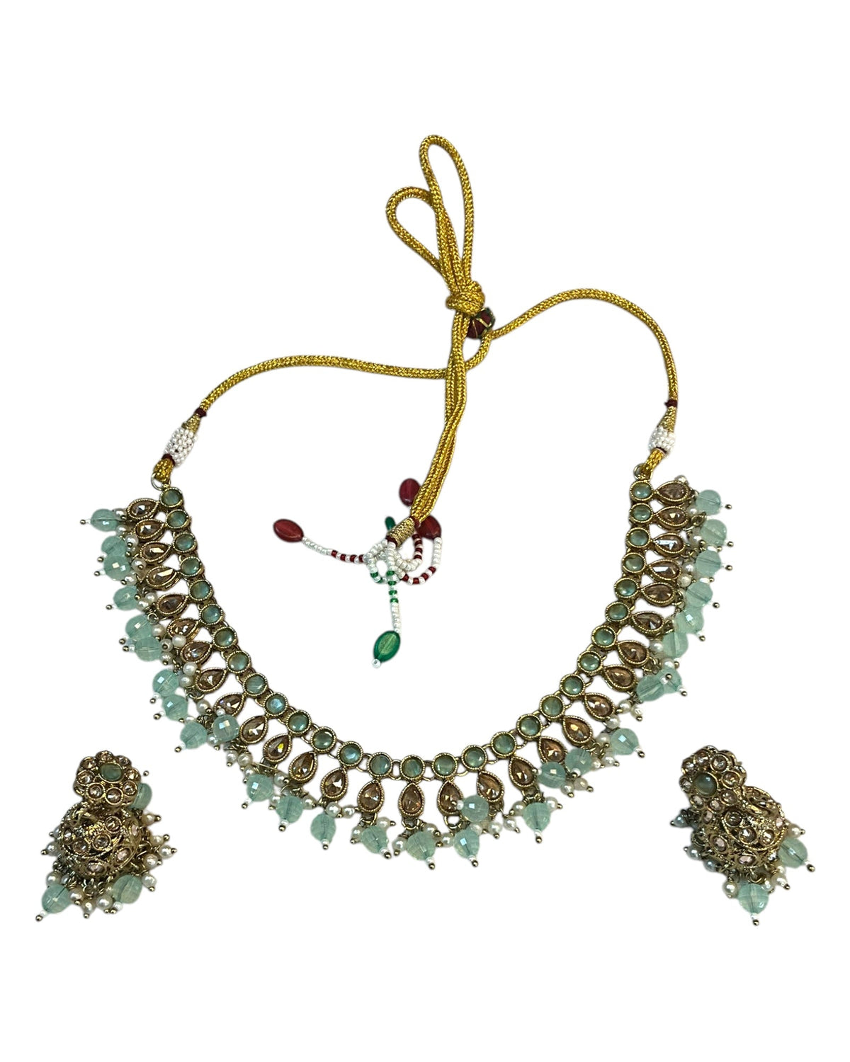 Sea Green - Medium Size Antique Gold Finish Necklace Set with Earrings - RAK381 Rp - Prachy Creations