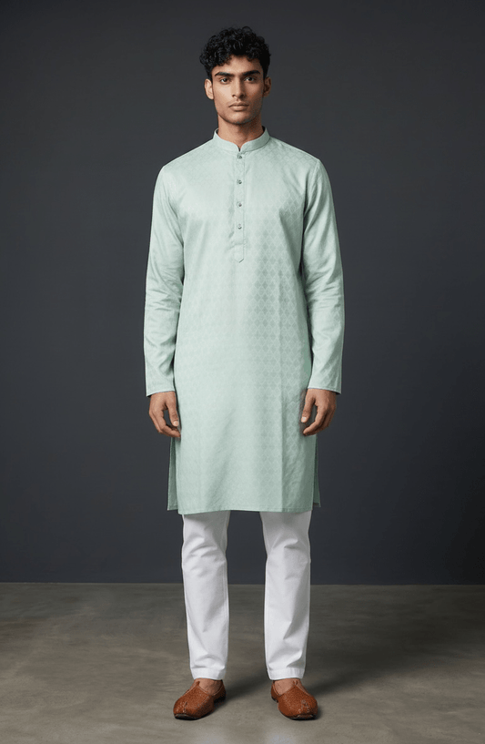 Sea Green - Self Woven Brocade Mens Indian Kurta set - UK Stock - Weddings / Walimas , Sangeet, Diwali, Eid, Mehndi / Henna - VEE3115 KC - Prachy Creations