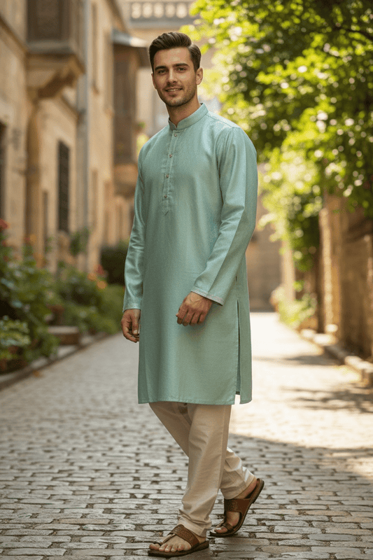 Sea Green - Silky Mens Indian Kurta set - UK Stock - Ideal to Pair with a Waistcoat - VEE2483 KH - Prachy Creations