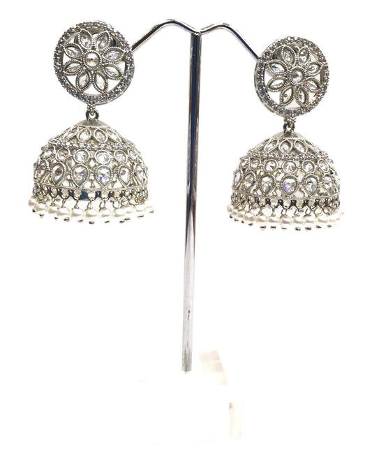 Silver Clear - Silver Finish Traditional Zhumki Earrings - Bollywood - Weddings - SV934 C 1023 - Prachy Creations