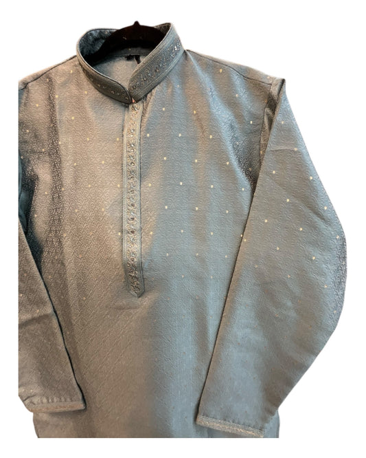 Silver Grey - Banarasi Handloom Brocade Mens Indian Kurta set with Trousers - UK Stock - Weddings / Walimas , Sangeet, Diwali, Eid, Mehndi / Henna - VEE2443 VR - Prachy Creations