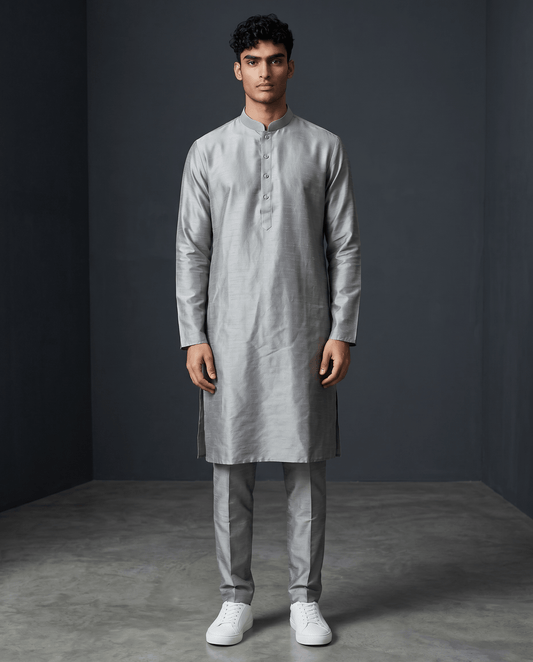 Silver Grey - Soft Silky Mens Kurta Set with Draw stringed Trousers - Sangeet Mehendi Haldi - KCS2605 06KV26 - Prachy Creations