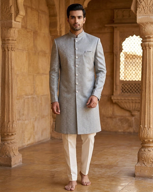 Silver / Light Grey - Classic Banarasi Handloom Brocade Sherwani with quality Buttons - BS788 08JC25 - Prachy Creations