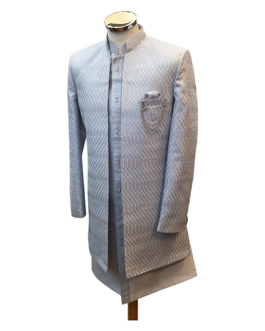 Silver / Light Grey - PREMIUM Mens Knee Length Sherwani Jacket with Long Waistcoat - Fantastic Fit - KCS6100 02PR25 - Prachy Creations