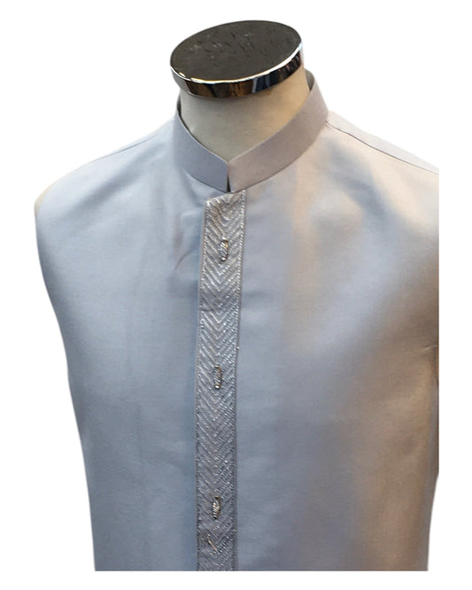 Silver / Light Grey - PREMIUM Mens Knee Length Sherwani Jacket with Long Waistcoat - Fantastic Fit - KCS6100 02PR25 - Prachy Creations