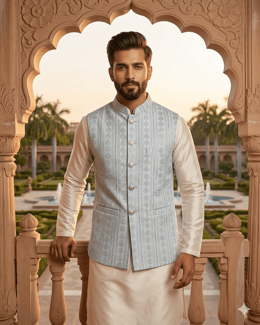 Silver / Pastel Grey - All Over Embroidered - Mens Indian Waistcoat - UK Stock - 24 hr Dispatch - KCS4089 06KC26 - Prachy Creations