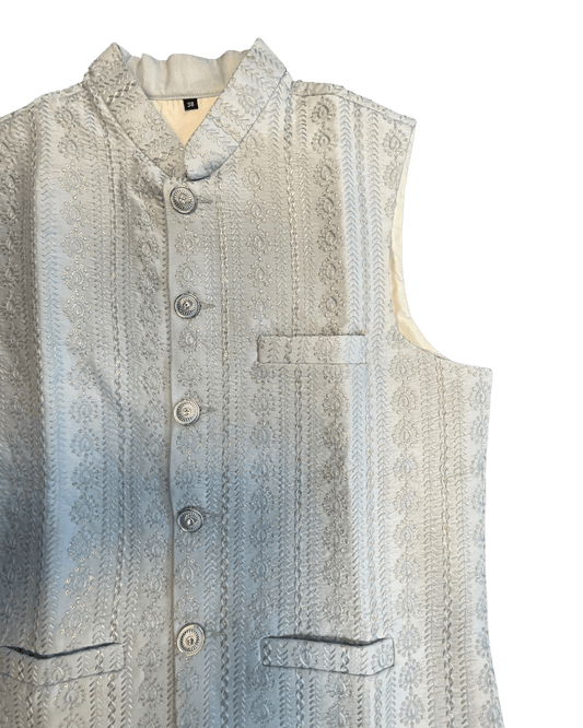 Silver / Pastel Grey - All Over Embroidered - Mens Indian Waistcoat - UK Stock - 24 hr Dispatch - KCS4089 06KC26 - Prachy Creations