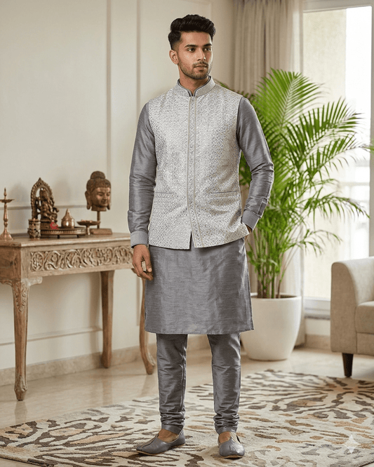 Silver / Pastel - Grey - All Over Embroidered - Mens Indian Waistcoat - UK Stock - 24 hr Dispatch - KCS4835 06KA26 - Prachy Creations