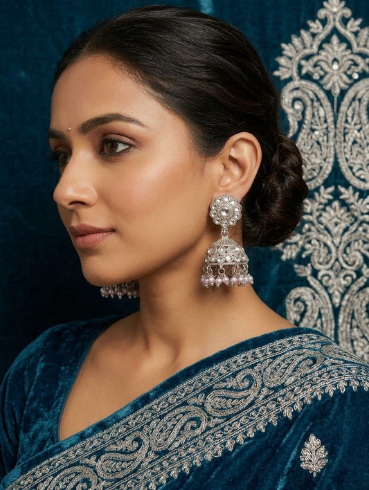Silver - Petite Floral Kundan & Pearl Jhumka Earrings - Prachy Creations