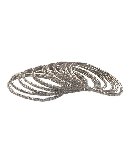 Silver - Set of 12 Stone / Pearl Bangles - Silver Finish (Pair) - JAN739 Vp 0923 - Prachy Creations