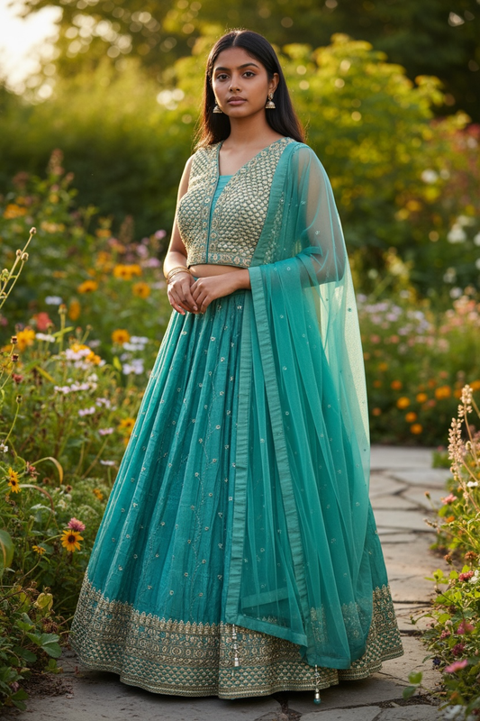 Size 12 / 38" Bust - Light Tuquoise - Ready Made Lehenga Set - UK Stock - 24h Dispatch - KTC250604 JY - Prachy Creations