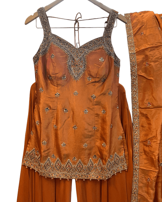 Size 12 (38") - Rust / Burnt Orange - Designer Ladies Medium Length Sleeveless Top Palazzo Trousers Suit - VMK Varuna RA - Prachy Creations