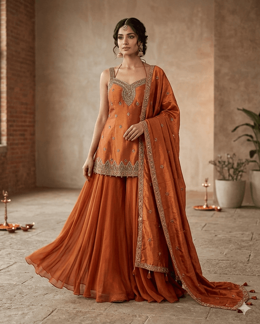 Size 12 (38") - Rust / Burnt Orange - Designer Ladies Medium Length Sleeveless Top Palazzo Trousers Suit - VMK Varuna RA - Prachy Creations