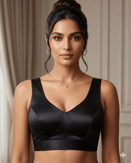 Size 38" / UK 12 - Black - Silky Saree blouse with cups, Sleeveless - UK Stock - Quick Delivery - RNK - R722A-KY - Prachy Creations