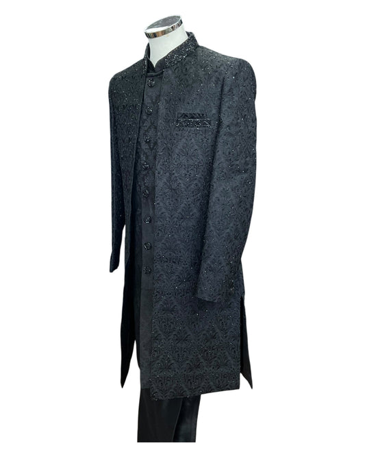Size 40" - Black - Rich Banarasi Stone Work Double Layer Sherwani - UK Stock - BS1034 08KVY25 - Prachy Creations