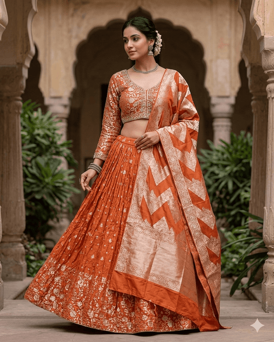 Size UK 12 (38" Bust) Adjustable to Size 14 - Orange - Silky Lehenga Set - Mehndi / Sangeet / Bridesmaids / Weddings / Garba - UK Stock - 24h Dispatch - JF10468 05PA26 - Prachy Creations