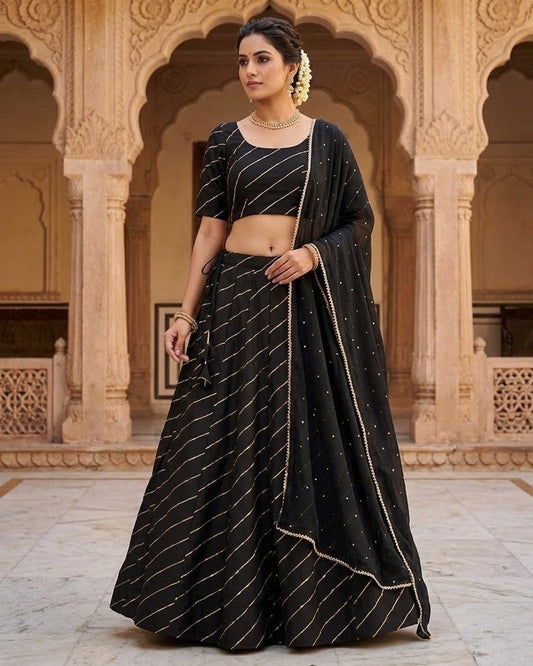 Size UK 12 (38" Bust) Black - Dupion Silk Lehenga Set - Garba / Dandia , Mehndi / Sangeet / Weddings - Adjustable to Size 14 - UK Stock - 24h Dispatch - AF2506 09TY25 - Prachy Creations