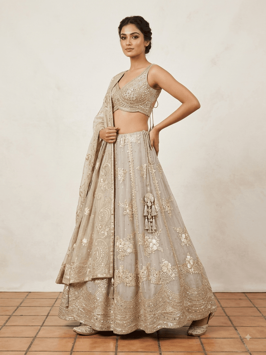 Size UK 12 (38" Bust) Sleeveless - Light Gold - Rich Banarasi Lehenga Set - Mehndi / Sangeet / Bridesmaids / Weddings / Garba - UK Stock - 24h Dispatch -SC1373 09KRY25 - Prachy Creations