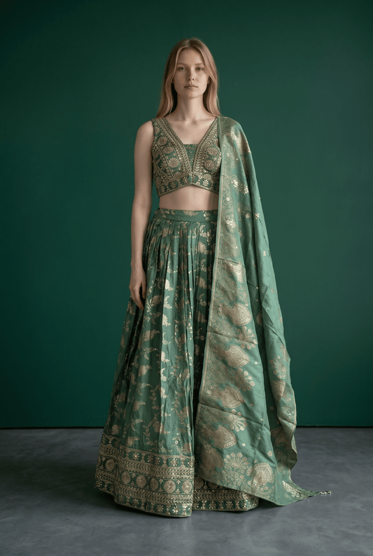 Size UK 14 (40" Bust) Adjustable to Size 14 - Mint Green - Banarasi Silky Lehenga Set - Mehndi / Sangeet / Bridesmaids / Weddings / Garba - UK Stock - 24h Dispatch - JF10530 05PA26 - Prachy Creations