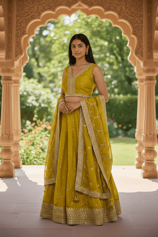 Size UK 14 (40" Bust) Adjustable to Size 16 - Haldi Yellow - Banarasi Brocade Silky Lehenga Set - Mehndi / Sangeet / Bridesmaids / Weddings / Garba - UK Stock - 24h Dispatch - OC561 07JV25 - Prachy Creations