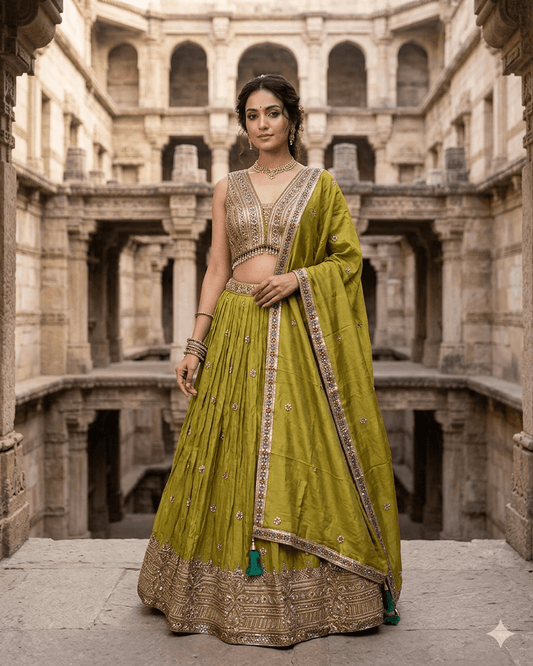Size UK 14 (40" Bust) Adjustable to Size 16 - Olive Green - Banarasi Silky Lehenga Set - Mehndi / Sangeet / Bridesmaids / Weddings / Garba - UK Stock - 24h Dispatch - JF7973 05JP26 - Prachy Creations