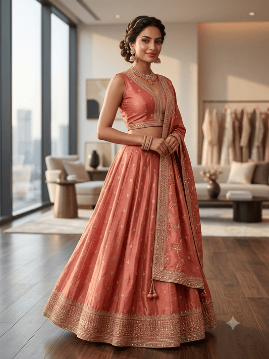 Size UK 14 (40" Pastel Coral Pink - Silky Lehenga Set - Mehndi / Sangeet / Bridesmaids / Weddings / Garba - UK Stock - 24h Dispatch - OC561 07JV26 - Prachy Creations