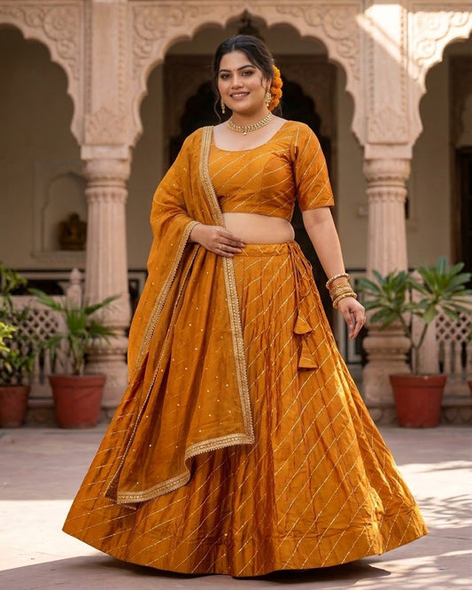 Size UK 16 (42" Bust) Amber Yellow - Dupion Silk Lehenga Set - Garba / Dandia , Mehndi / Sangeet / Weddings - Adjustable to Size 18 - UK Stock - 24h Dispatch - AF2506 09TY25 - Prachy Creations