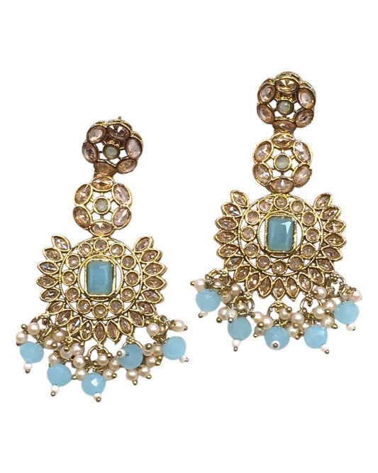 Sky Blue - Large - Antique Gold Finish Traditional Earrings - Bollywood - Weddings - PRI1773 11Tp24 - Prachy Creations