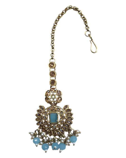 Sky Blue - Large - Antique Gold Finish Traditional Tika Head piece - Bollywood - Weddings - PRI1773 11V24 - Prachy Creations