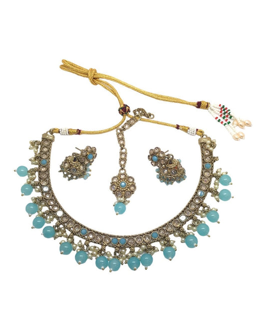 Sky Blue - Reverse Stone Choker Necklace set - Weddings - NIR804 H 0923 - Prachy Creations