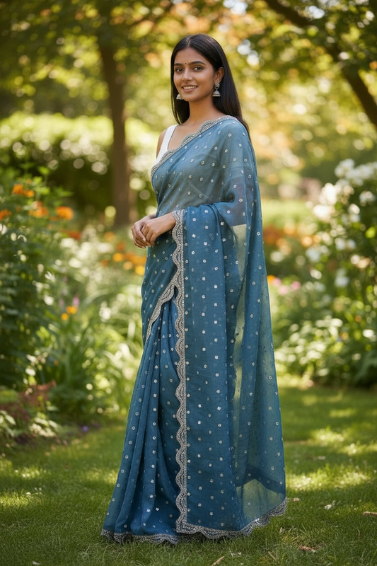 Sky Blue - Rich Saree with Stone Work Border and Blouse Piece - UK stock - 24hr Dispatch - RS2501 JK - Prachy Creations