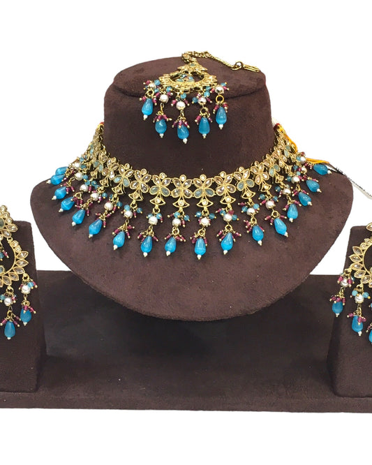 Sky / Light Blue - Large Size Antique Gold Finish Necklace Set with Earrings - HB999 KT 0424 - Prachy Creations