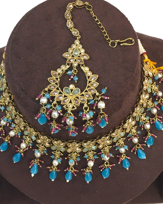 Sky / Light Blue - Large Size Antique Gold Finish Necklace Set with Earrings - HB999 KT 0424 - Prachy Creations