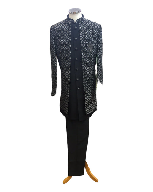 Stunning Double Layered Mens Black Sherwani - SHU2401 AY 0124 - Prachy Creations