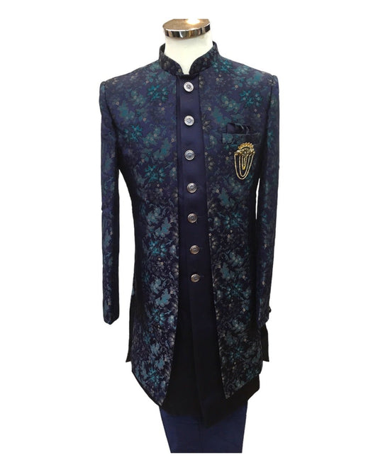Stunning Double Layered Navy Blue Sherwani - SHU2311 JY 0923 - Prachy Creations