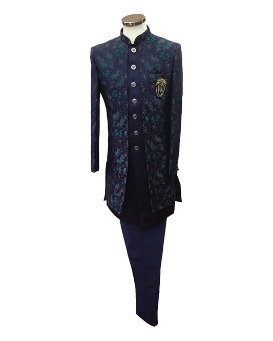 Stunning Double Layered Navy Blue Sherwani - SHU2311 JY 0923 - Prachy Creations
