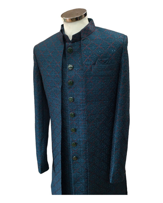 Stunning Double Layered Teal Blue Sherwani - 23VAR01 CP 0523 - Prachy Creations
