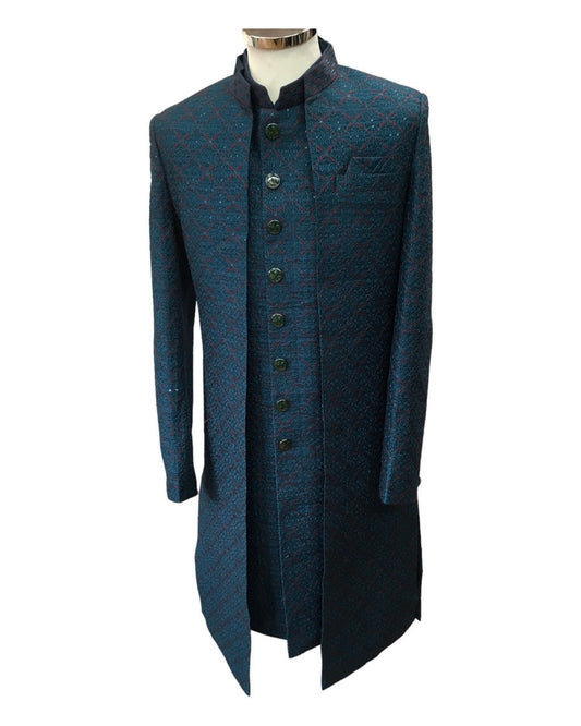 Stunning Double Layered Teal Blue Sherwani - 23VAR01 CP 0523 - Prachy Creations