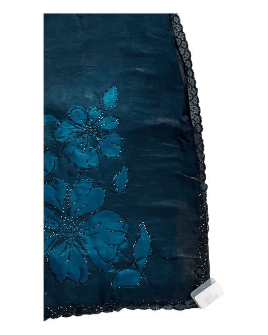 Teal / Black Floral - Classic Satin Crepe Saree with Stone Work and Blouse Piece - UK stock - 24hr Dispatch - RS2537 TV - Prachy Creations