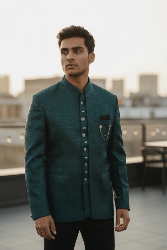 Teal Blue - PREMIUM Slim Fit Mens BandhGala / Prince / Chinese Collar Open Jacket with inside Waistcoat- Fantastic Fit - 01JT26 CS2601 - Prachy Creations