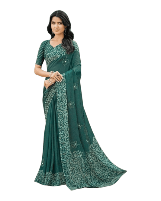 Teal - Chiffon Printed Saree with Blouse Piece - UK stock - 24hr Dispatch - LTF108 07KT26 - Prachy Creations