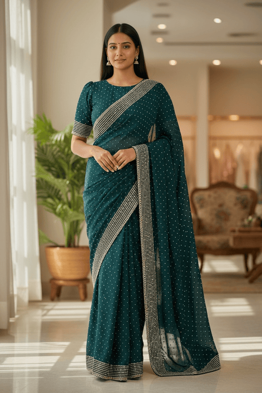 Teal - Classic Satin Crepe Saree with Stone Work and Blouse Piece - UK stock - 24hr Dispatch - RS2531 VY - Prachy Creations