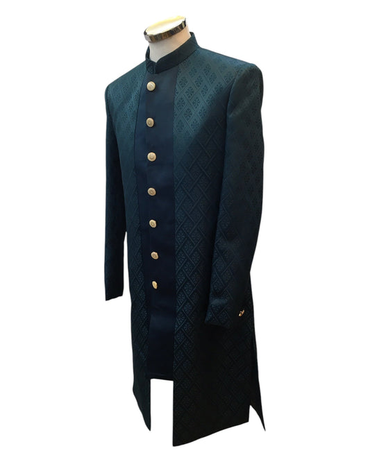 Teal - Classic Self Brocade Panelled Sherwani with Tousers - XS, S, M, L, XL to XXXL BS990 01RA25 - Prachy Creations