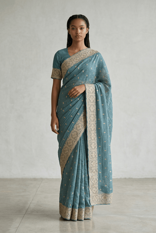 Teal - Fancy Party Saree with Blouse Piece - UK stock - 24hr Dispatch - VFU5410 03VR26 - Prachy Creations