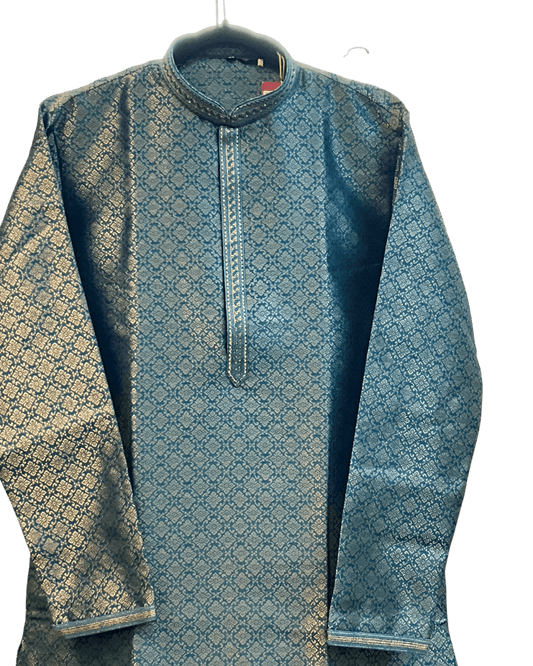 Teal - Men’s Embroidered Jacquard Kurta Set with Trousers - UK Stock - Weddings / Walimas , Sangeet, Diwali, Eid, Mehndi / Henna - VEE3069 VV - Prachy Creations