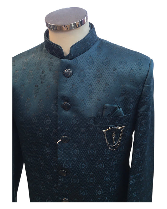 Teal - PREMIUM Slim Fit Mens Self Brocade BandhGala / Prince / Chinese Collar Jacket with Long inside Waistcoat - Fantastic Fit - CS2505 01PY25 - Prachy Creations