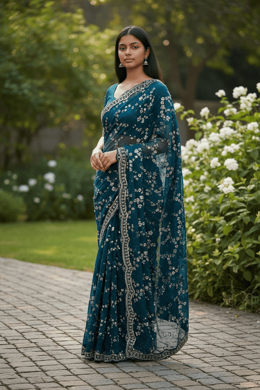 Teal - Rich Saree with Allover Sequins Work and Blouse Piece - UK stock - 24hr Dispatch - RS2503 JV - Prachy Creations