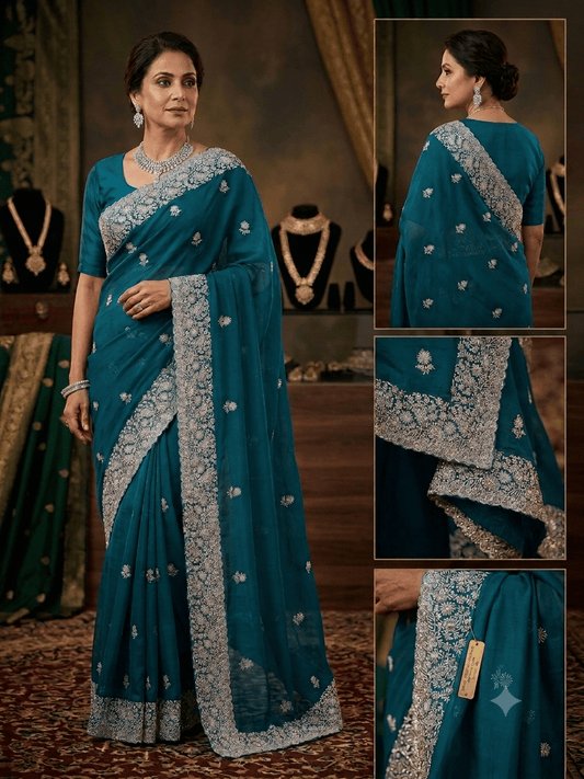Teal - Saree with Thread / Stone Work and Blouse Piece - UK stock - 24hr Dispatch - SP2617 VK - Prachy Creations