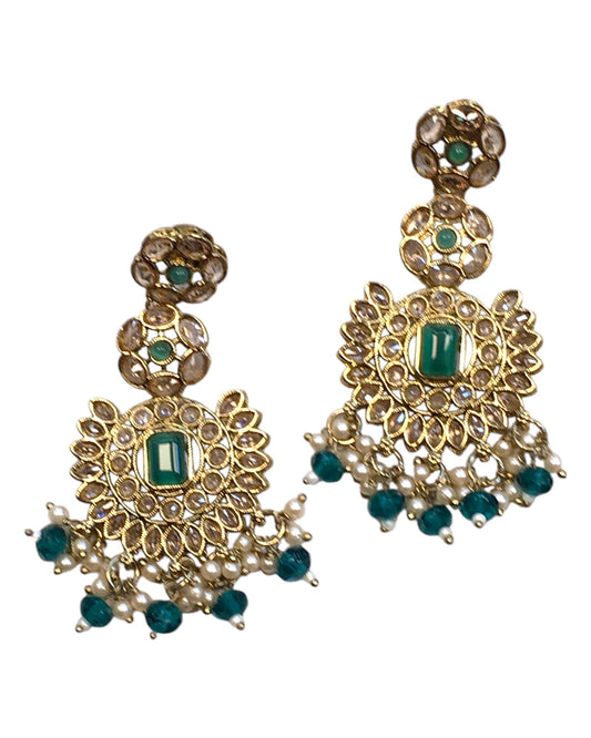 Tuquoise - Large - Antique Gold Finish Traditional Earrings - Bollywood - Weddings - PRI1773 11Tp24 - Prachy Creations