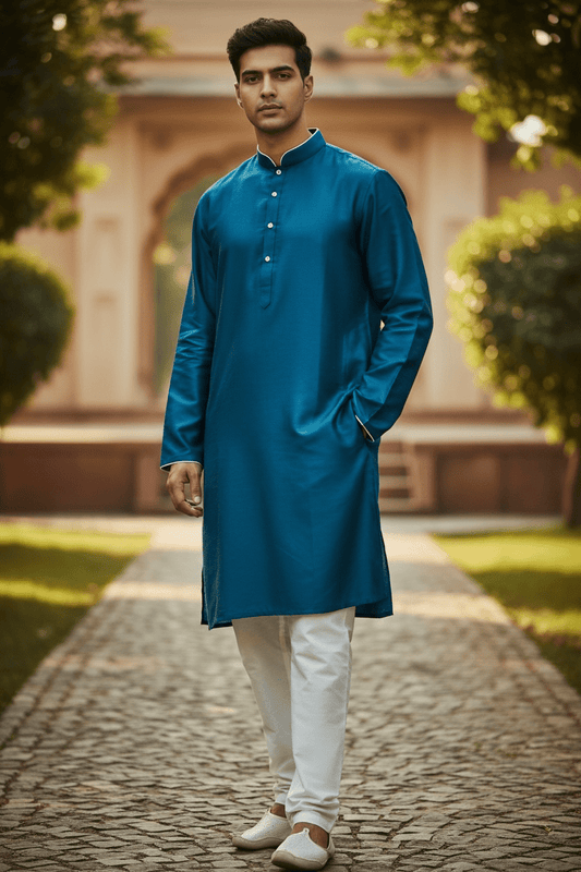 Turquoise Blue - Banarasi Handloom Brocade Mens Indian Kurta set - UK Stock - Weddings / Walimas , Sangeet, Diwali, Eid, Mehndi / Henna - VEE1642 KJ - Prachy Creations
